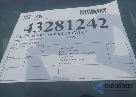 2012 Mazda Cx-9 Grand Touring из США, поврежденный, VIN JM3TB3DV0C0335544